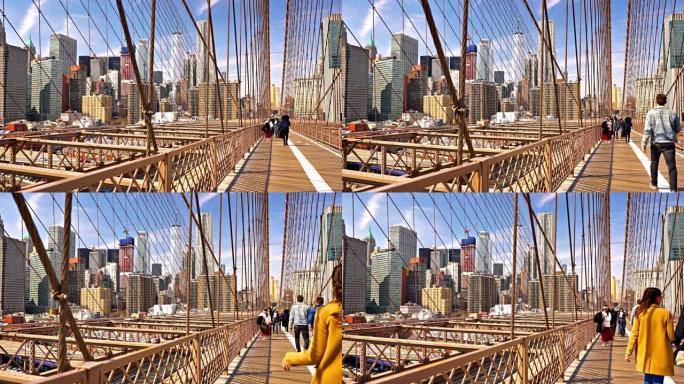 布鲁克林大桥。曼哈顿金融区。游客。地标