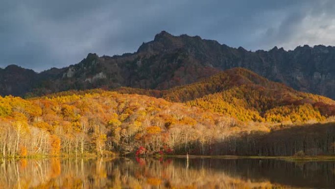 日本长野秋季Kagamiike池塘倾斜时的4k时间流逝。