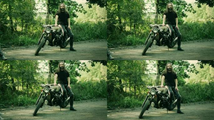 人和他的机器。定制摩托车
