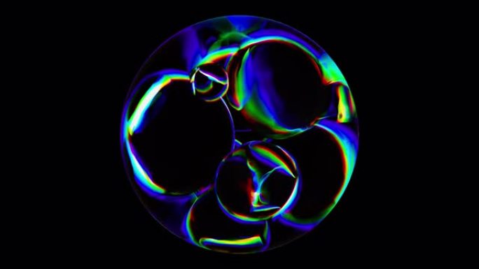 3D抽象彩色动画背景。黑暗区域孤立的彩色球体。主动旋转液体彩色球。波球面光谱颜色渐变。彩虹光折射对象