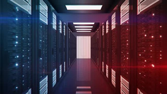 通过带有蓝色和红色服务器机架数据中心的服务器机房移动。网络战争信息对抗概念。美丽的循环3d动画，电脑