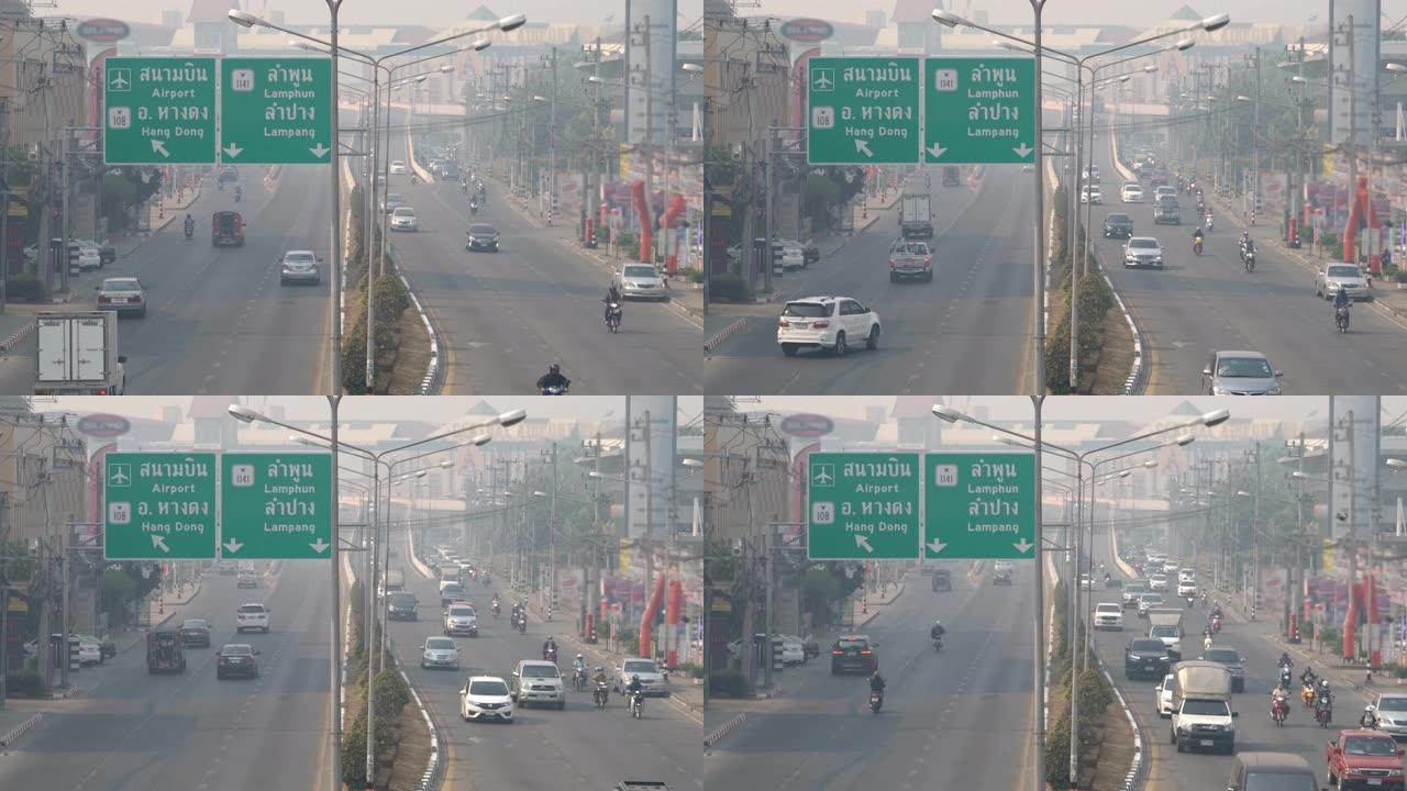 泰国清迈的延时交通城市空气污染