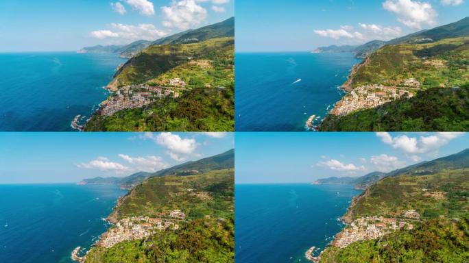 意大利五渔村沿海城镇和海上的阳光和云的时间流逝