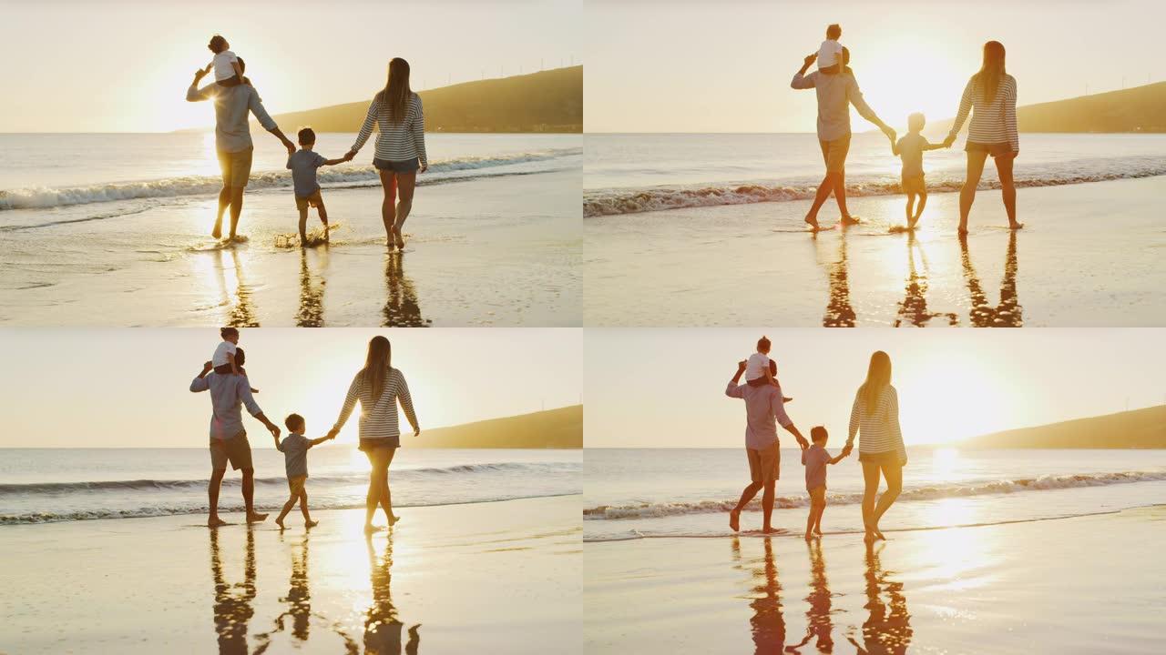 黄金家庭日落海滩漫步