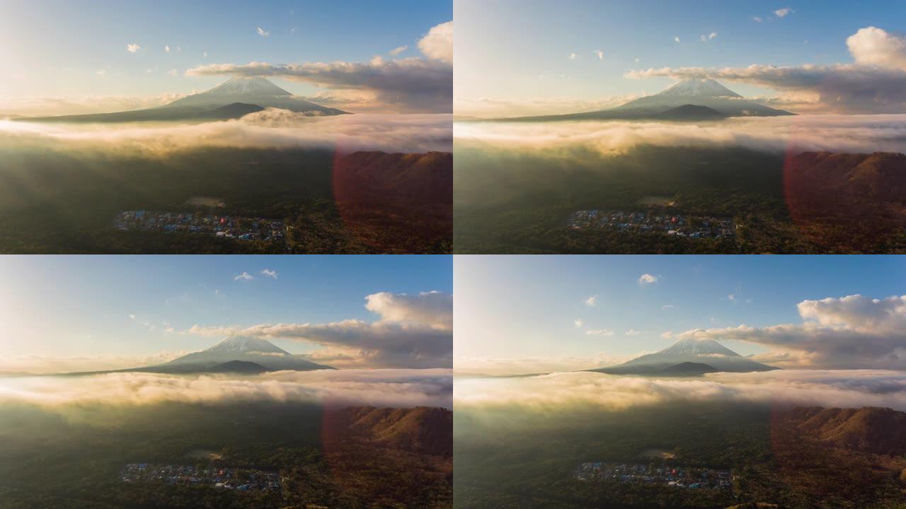 日出早晨鸟瞰山日式富士山流云