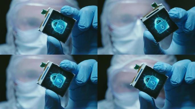 在超现代电子制造工厂中，无菌工作服设计工程师在未来全息中拥有带有符号的微芯片