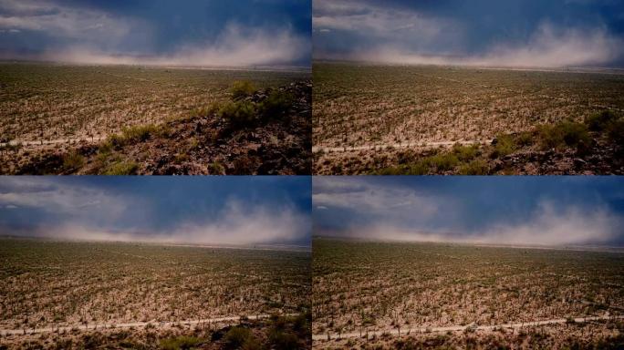 无人机在风景秀丽的仙人掌沙漠上空飞行，史诗般的沙尘暴墙即将在美国夏季亚利桑那国家公园附近。