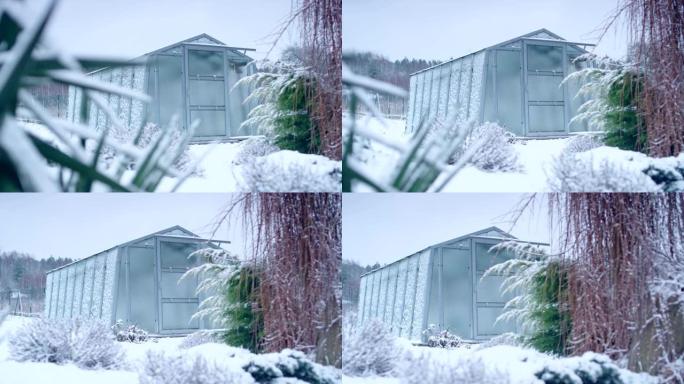 带温室的冬季花园大雪覆盖