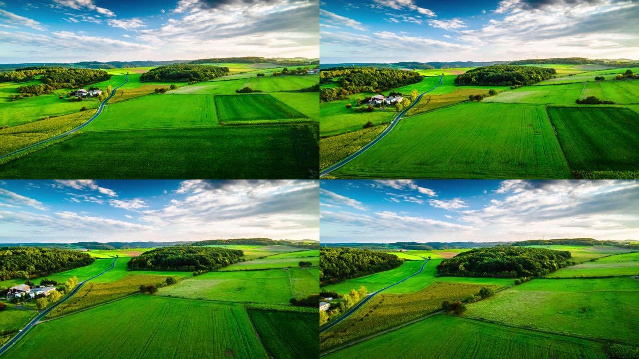 空中: 风景如画的绿色夏季景观-德国埃菲尔