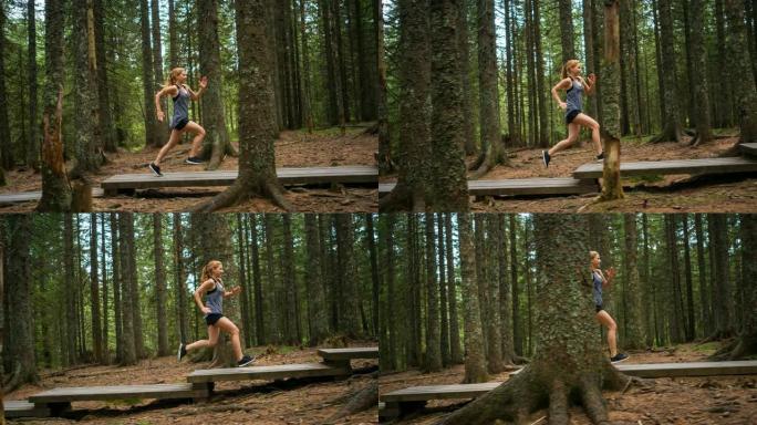 专注的女跑步者在树林里锻炼