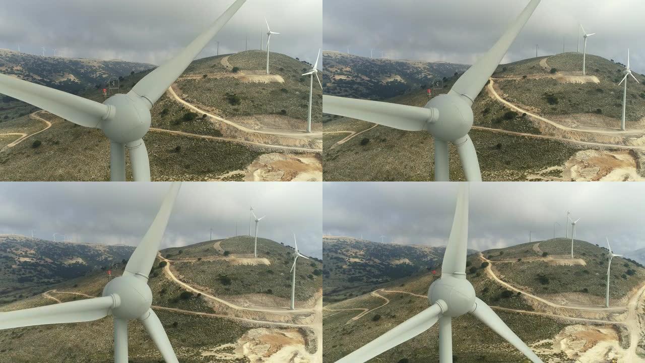 风力涡轮机 (风车) 的鸟瞰图。4K, UHD