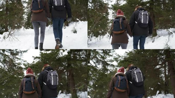冬日在森林里徒步旅行的夫妇