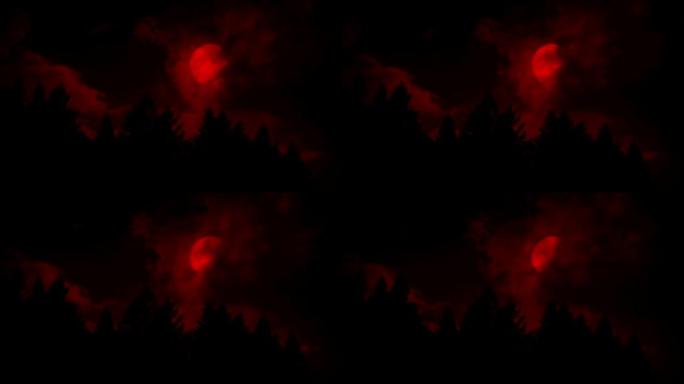 树林上方的血红色月亮
