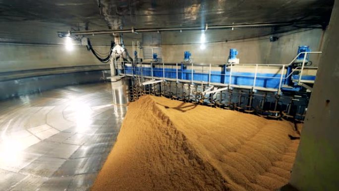 处理农作物的仓库设备。在啤酒厂处理麦芽。