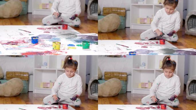 一个小女孩的肖像躺在她卧室的地板上，颜色和彩色水粉。