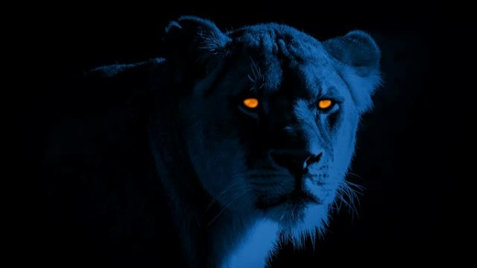 晚上有可怕发光眼睛的狮子