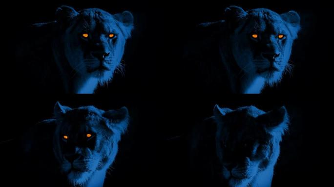 晚上有可怕发光眼睛的狮子
