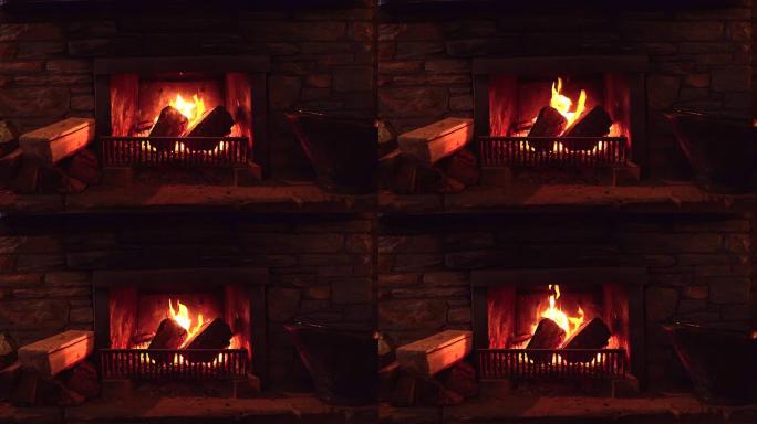 视频显示了客厅壁炉里燃烧的火焰。在冬天给人一种温暖的感觉。