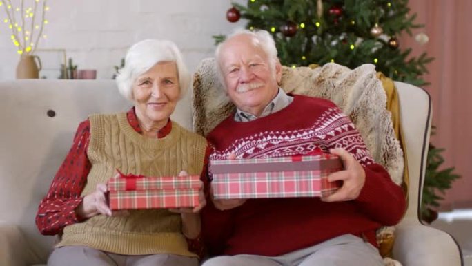 老年夫妇与圣诞礼物合影