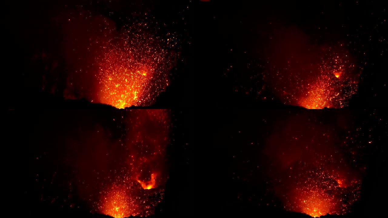 特写: 炽热的岩浆和炽热的火焰照亮了亚苏尔山的深处。