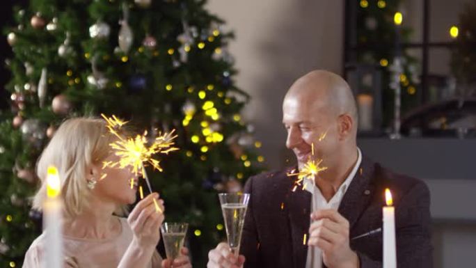 高加索夫妇用烟火和香槟祝新年快乐