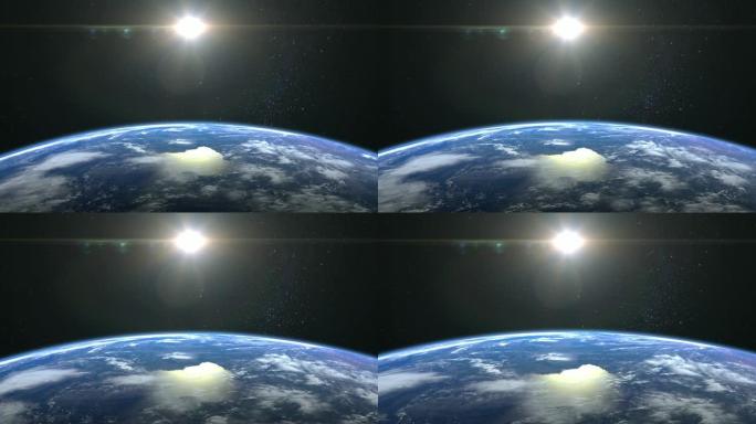 来自太空的地球。摄像机正在接近地球。星星闪烁。4K.日出。地球缓慢旋转。现实的氛围。3D体积云。太阳