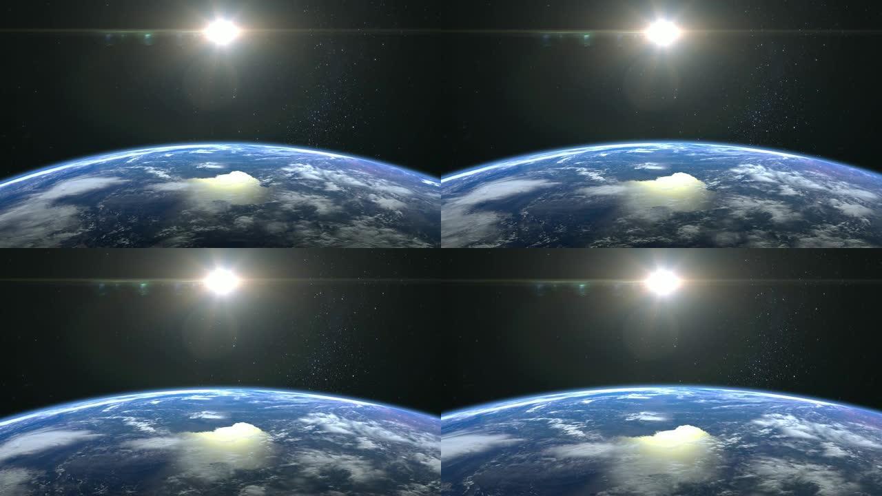 来自太空的地球。摄像机正在接近地球。星星闪烁。4K.日出。地球缓慢旋转。现实的氛围。3D体积云。太阳