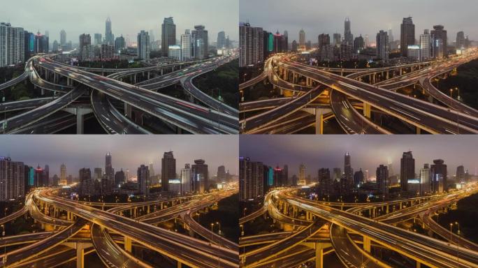 高峰时段，从白天到晚上/中国上海，过桥和城市交通的T/L鸟瞰图