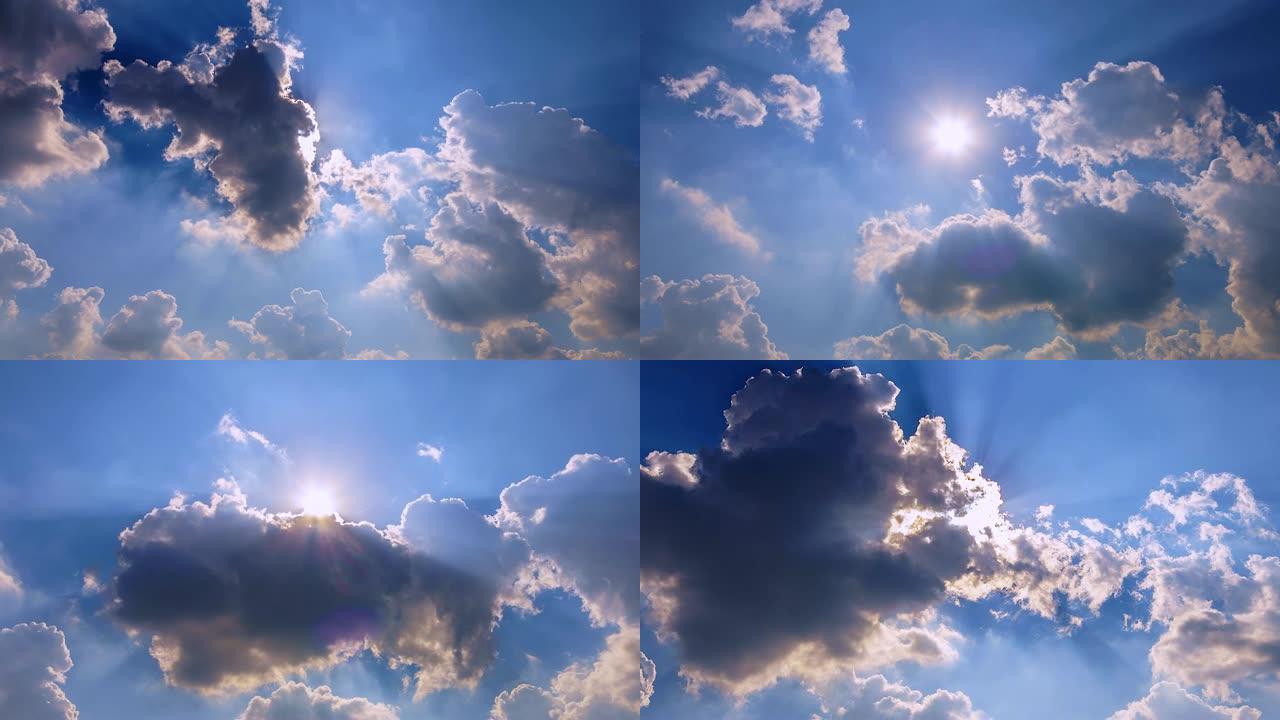 4K，延时蓝天多云天空和太阳光线，云景