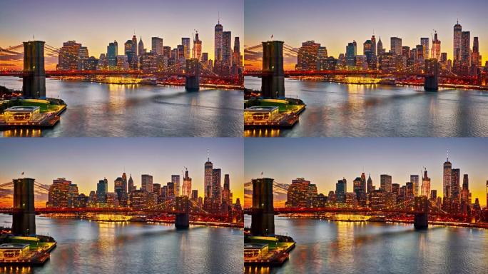 盛大的日落。纽约。布鲁克林大桥。曼哈顿金融区。