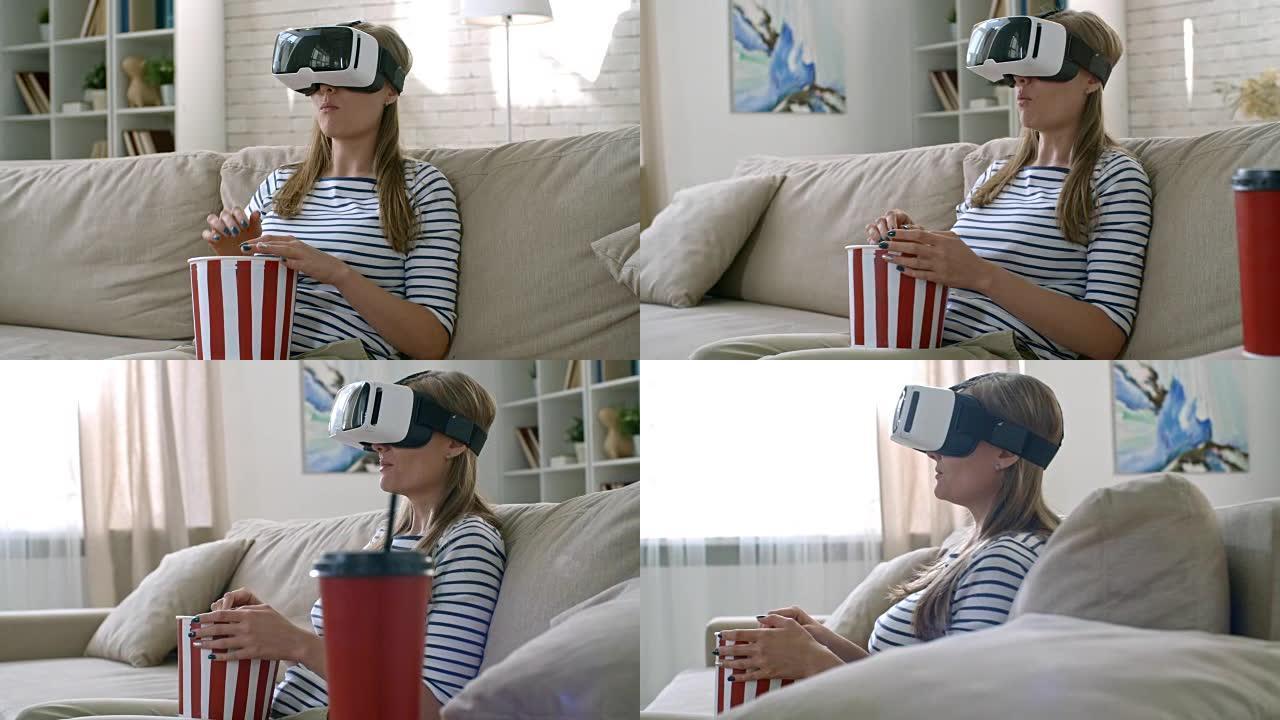 女人在VR护目镜中欣赏电影