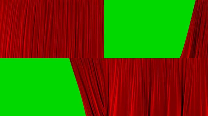 单个红色窗帘在风中摇曳。美丽的3d动画抽象逼真的窗帘揭示背景绿色屏幕。对过渡很有用。阿尔法面具