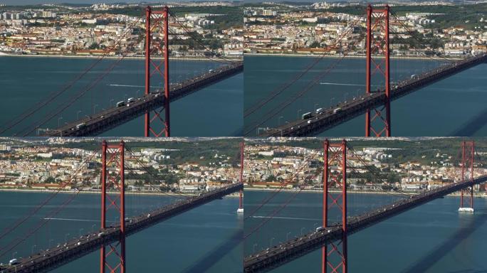 葡萄牙里斯本塔霍河上的桥25号 (4月25日桥)。全景拍摄。4K, UHD