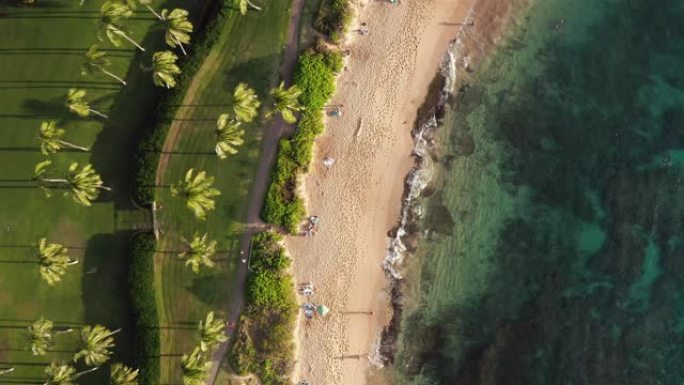 阳光明媚的夏日，夏威夷热带白色沙滩度假胜地的俯视图