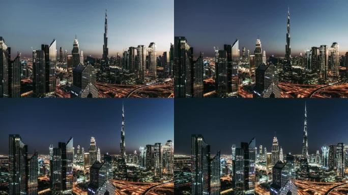 迪拜天际线的T/L平底锅鸟瞰图，黄昏到夜晚的过渡/阿联酋迪拜