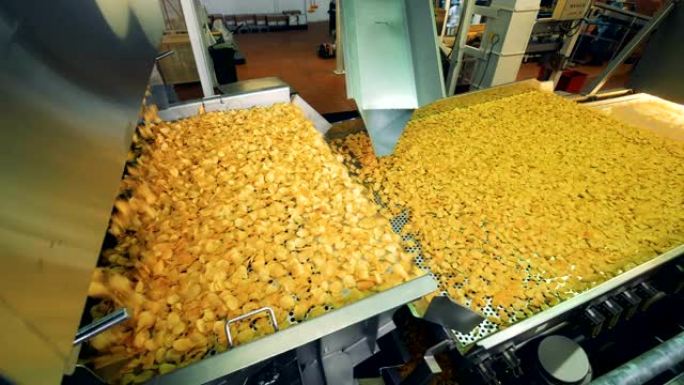 现代工厂输送机在食品设施中移动油炸薯片。