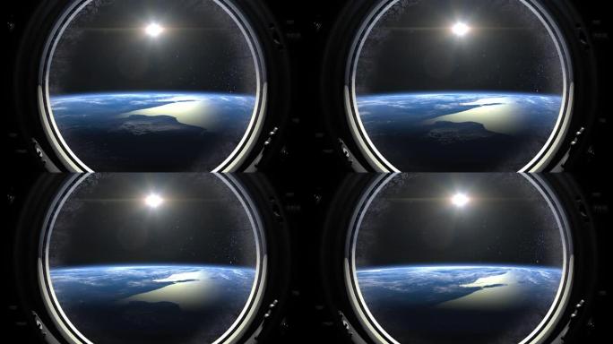 通过国际空间站的大舷窗看到地球。国际空间站正在绕地球运行。现实的氛围。3D体积云。空间。4K。
