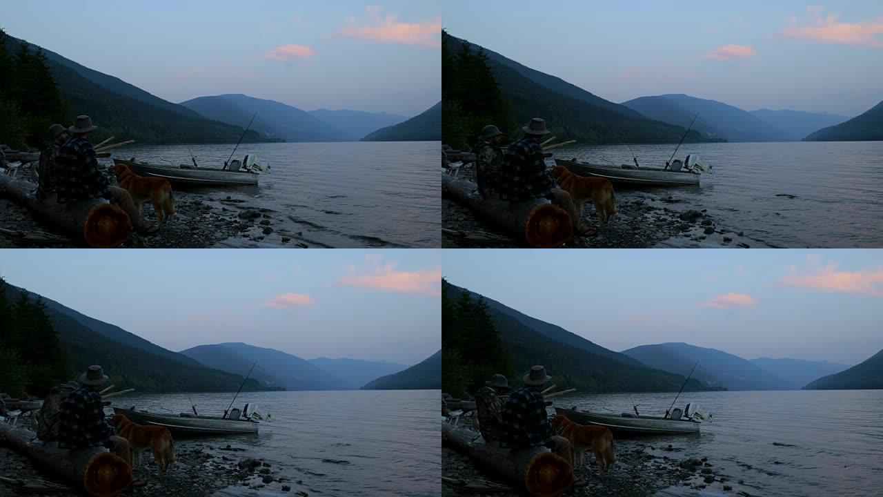 河边4k附近的两名渔民抚摸狗