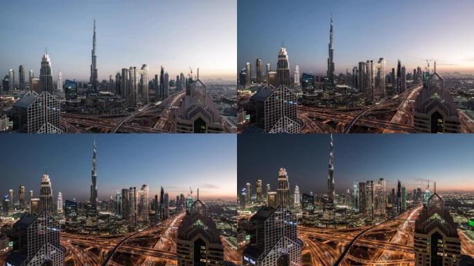 迪拜城市天际线，昼夜过渡/阿联酋迪拜