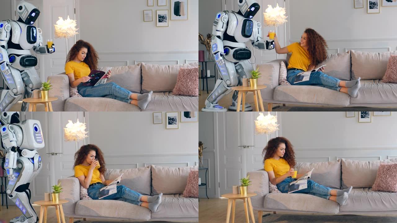女人读杂志，而机器人则带果汁。半机械人与人类概念。