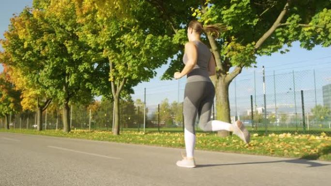 低角度: 健康的女人在阳光明媚的秋天在风景优美的公园里慢跑。