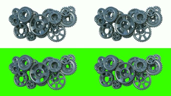 机械装置由金属齿轮在白色背景上无缝工作。循环3d动画绿屏。抽象的工作过程。团队合作商业和技术理念。