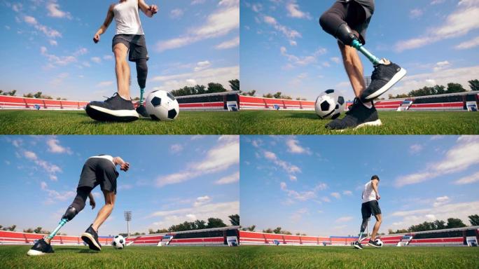 足球，一个有仿生腿的男人的足球练习