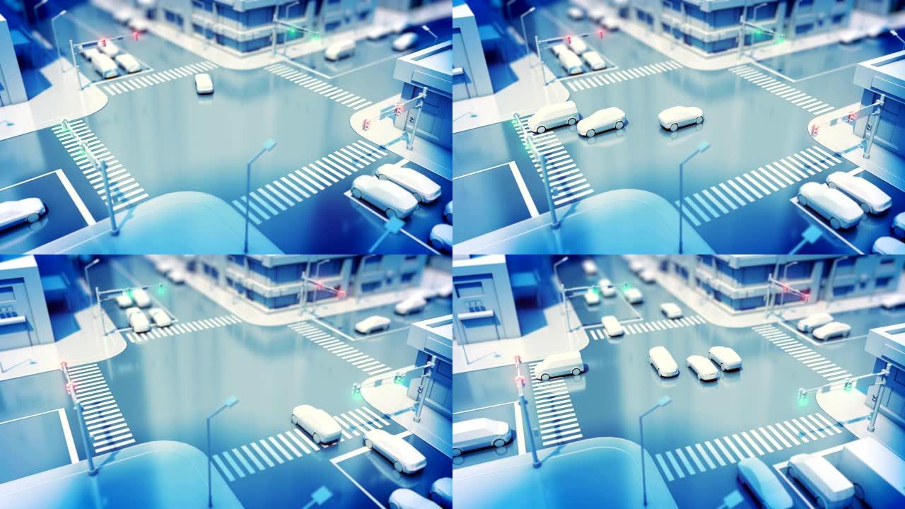 现代夜城十字路口的交通灯抽象插图。风格化街道上汽车交通的美丽3d动画。Dop模糊。