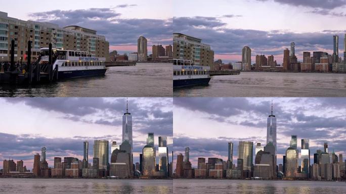 纽约商业区。新泽西码头。船。哈德逊河