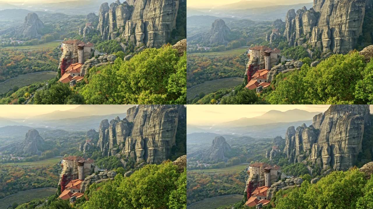 东正教修道院建筑群，岩石和希腊迈泰奥拉的山谷。4K, UHD