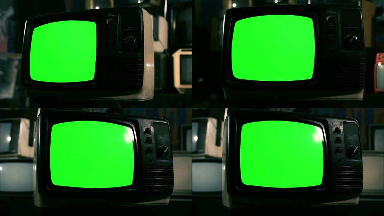 80年代绿屏电视。平行多莉射击。蓝色钢调。
