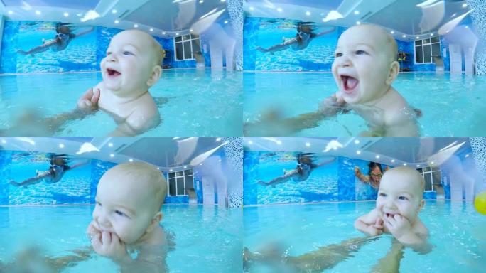 快乐的小孩被教导如何游泳
