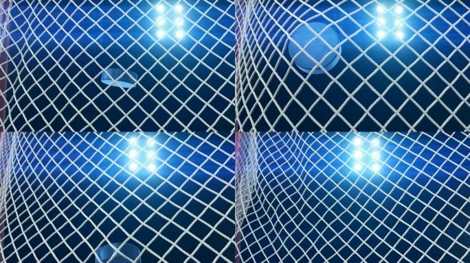 冰球以慢动作飞入目标网，竞技场探照灯耀斑背景。曲棍球三维动画的特写进球时刻。运动概念。