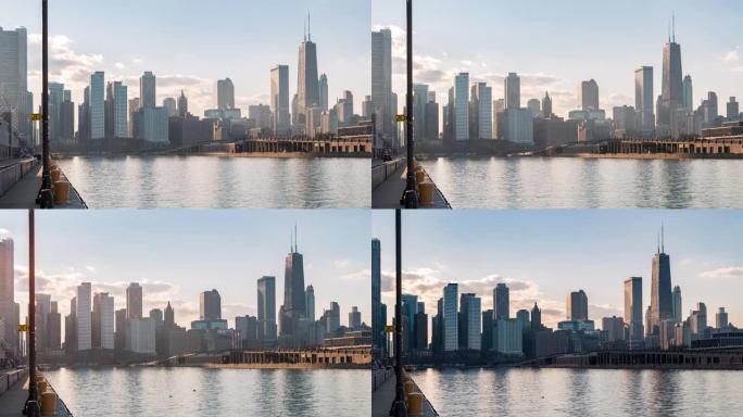 延时: 来自海军码头的芝加哥城市景观办公室天际线摩天大楼